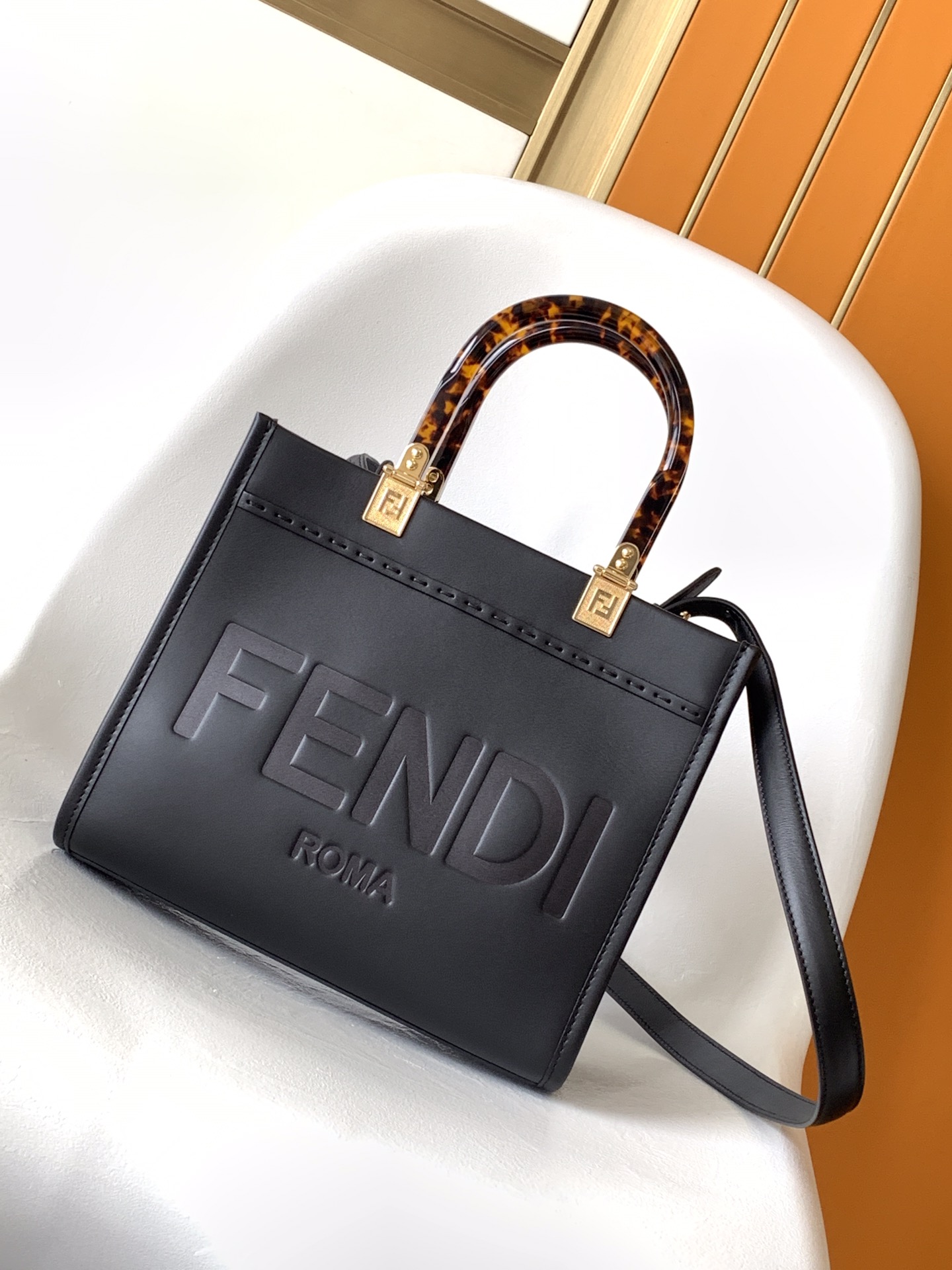 Fendi Small Sunshine Shopper Black Calfskin Leather Bag